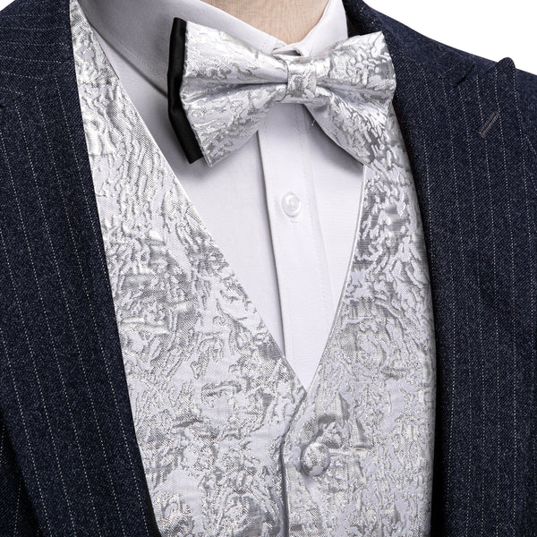 Silver Novelty Jacquard Silk Men's Vest Hanky Cufflinks Bow Tie Set