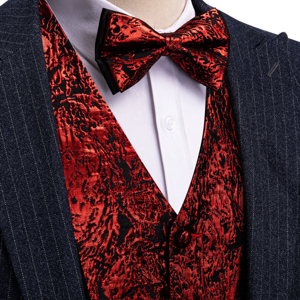 Red Black Novelty Jacquard Silk Men's Vest Hanky Cufflinks Bow Tie Set