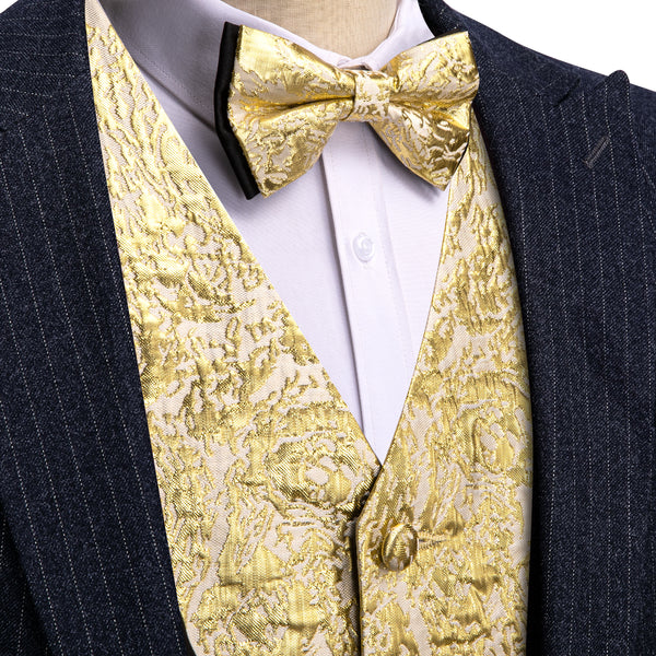 Gold Novelty Jacquard Silk Men's Vest Hanky Cufflinks Bow Tie Set