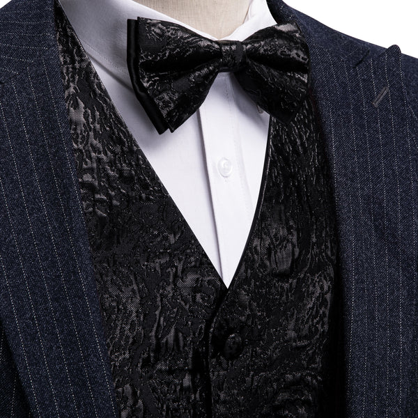 Black Novelty Jacquard Silk Men's Vest Hanky Cufflinks Bow Tie Set