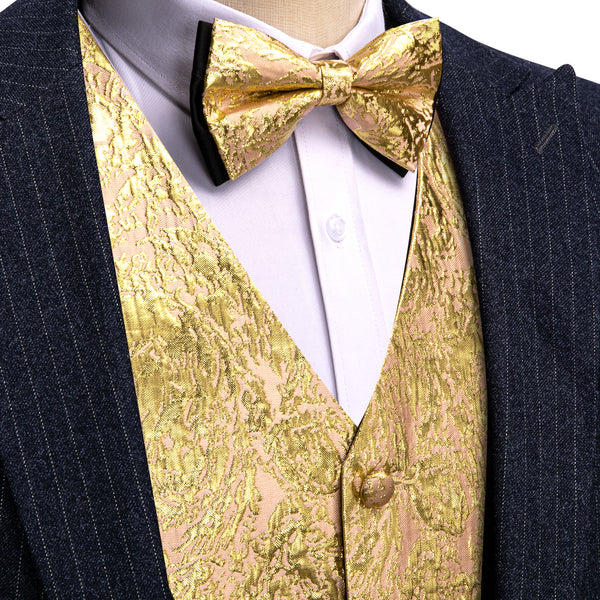 Golden Yellow Novelty Jacquard Silk Men's Vest Hanky Cufflinks Bow Tie Set