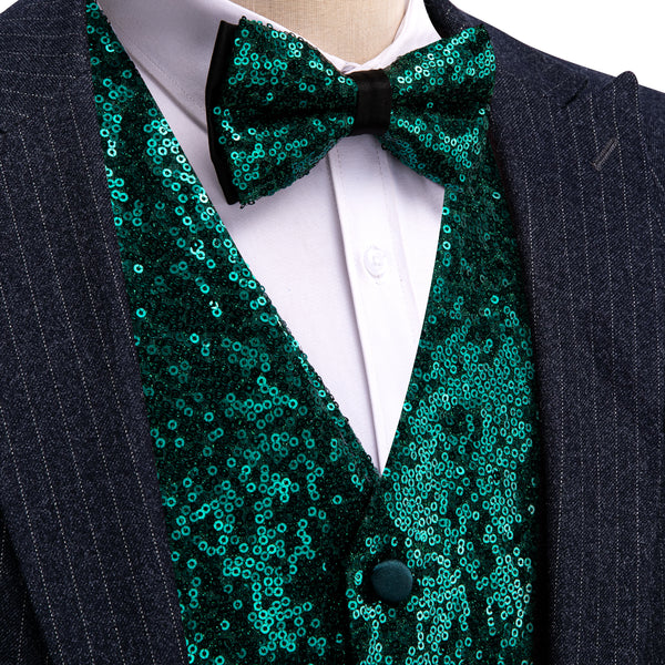 Dark Green Sequins Silk Men's Vest Hanky Cufflinks Bow Tie Set