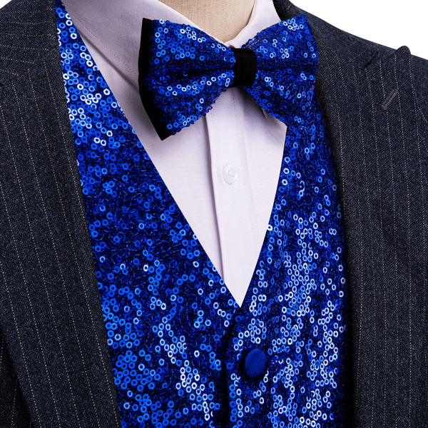Klein Blue Sequins Silk Men's Vest Hanky Cufflinks Bow Tie Set