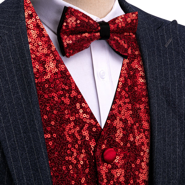 Fire Red Sequins Silk Men's Vest Hanky Cufflinks Bow Tie Set