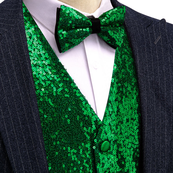 Green Sequins Silk Men's Vest Hanky Cufflinks Bow Tie Set