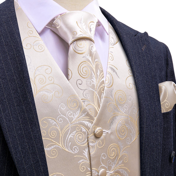 PeachPuff Floral Silk Men's Vest Hanky Cufflinks Tie Set