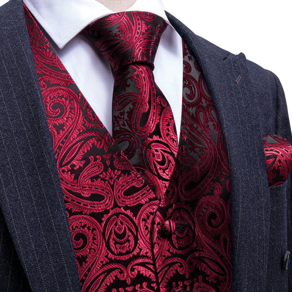 Black DarkRed Paisley Silk Men's Vest Hanky Cufflinks Tie Set