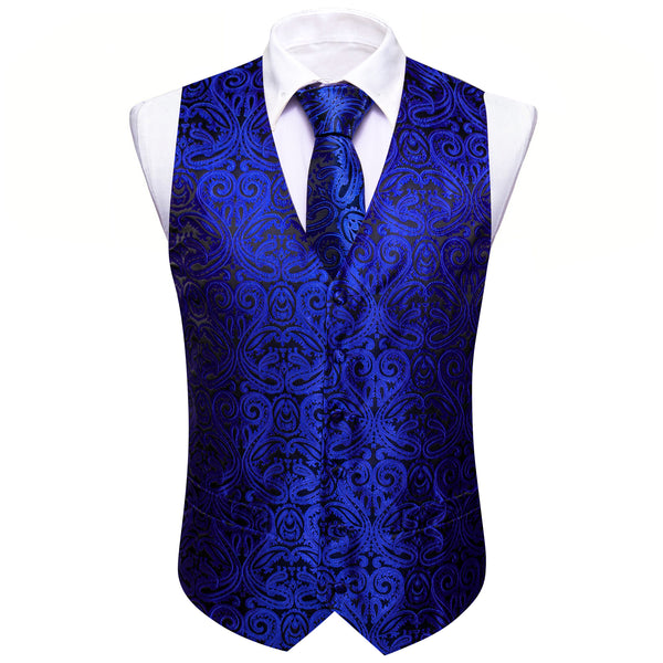 Navy Blue Paisley Silk Men's Vest Hanky Cufflinks Tie Set