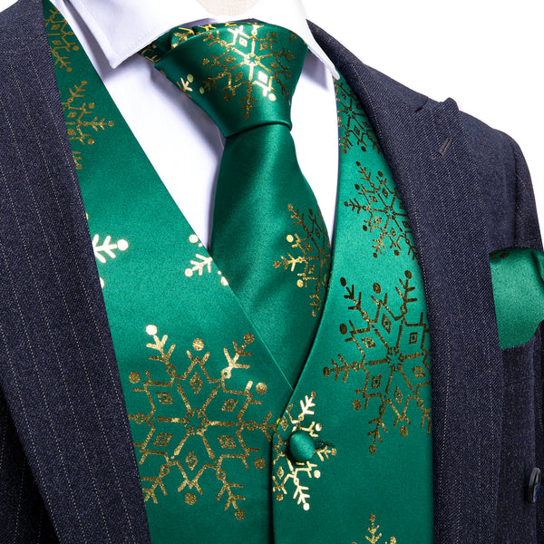 Christmas DarkGreen Golden Snowflake Silk Men's Vest Hanky Cufflinks Tie Set