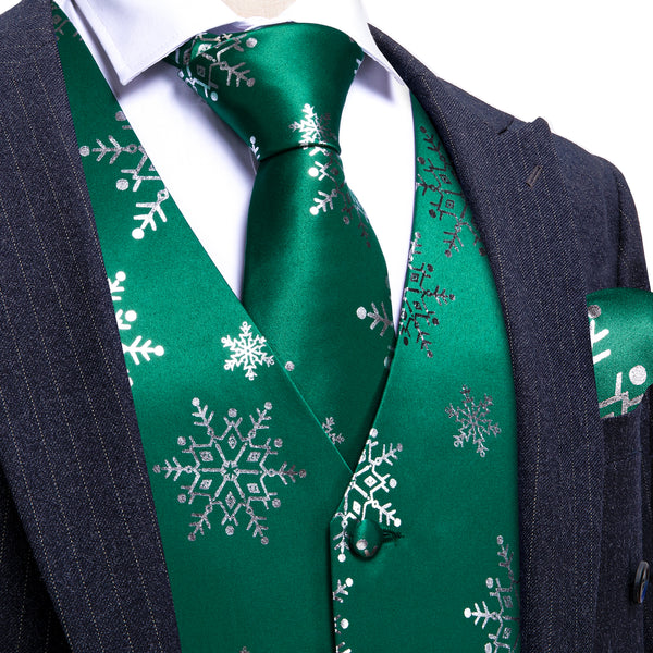 Christmas DarkGreen White Snowflake Silk Men's Vest Hanky Cufflinks Tie Set