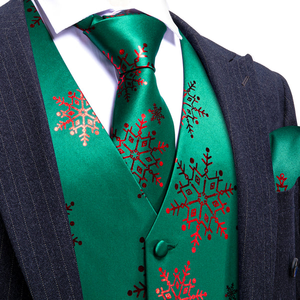 Christmas DarkGreen Red Snowflake Silk Men's Vest Hanky Cufflinks Tie Set