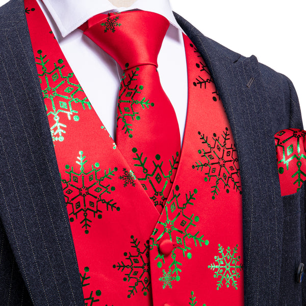 Christmas Red Green Snowflake Silk Men's Vest Hanky Cufflinks Tie Set