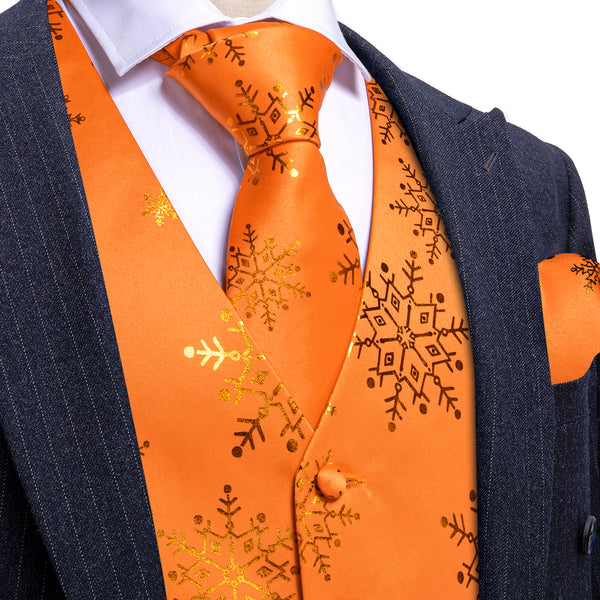 Christmas Orange Gold Snowflake Silk Men's Vest Hanky Cufflinks Tie Set