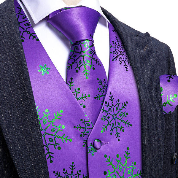 Christmas Purple Green Snowflake Silk Men's Vest Hanky Cufflinks Tie Set