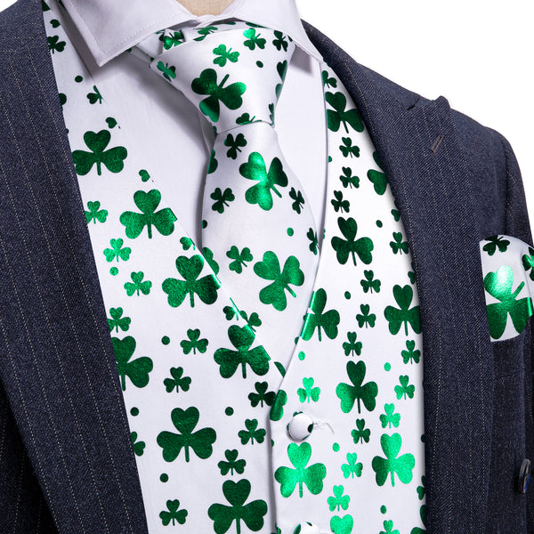 White Green Clover Novelty Silk Men's Vest Hanky Cufflinks Tie Set