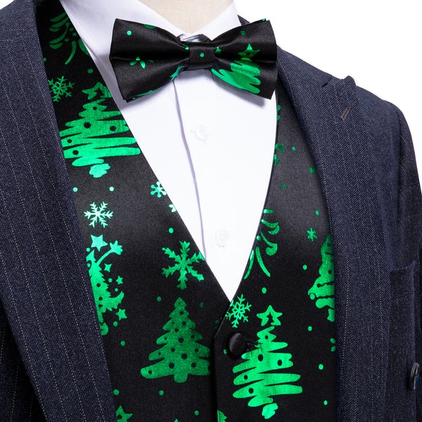 Black Green Christmas Tree Novelty Silk Men's Vest Bow Tie Set Waistcoat Suit Set