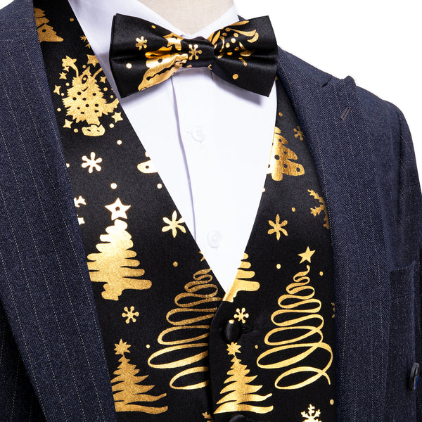 Black Golden Christmas Tree Novelty Silk Men's Vest Bow Tie Set Waistcoat Suit Set