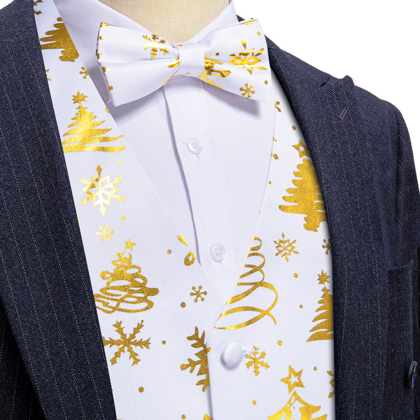 White Golden Christmas Tree Novelty Silk Men's Vest Bow Tie Set Waistcoat Suit Set
