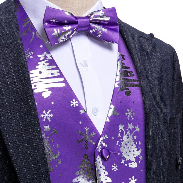 Purple Sliver Christmas Tree Novelty Silk Men's Vest Bow Tie Set Waistcoat Suit Set