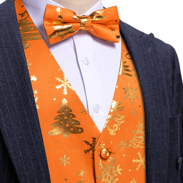 Orange Golden Christmas Tree Novelty Silk Men's Vest Bow Tie Set Waistcoat Suit Set
