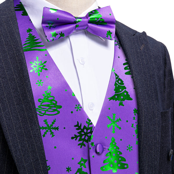 Purple Green Christmas Tree Novelty Silk Men's Vest Bow Tie Set Waistcoat Suit Set