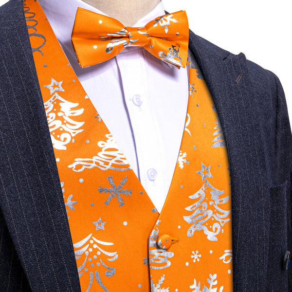 Orange Sliver Christmas Tree Novelty Silk Men's Vest Bow Tie Set Waistcoat Suit Set