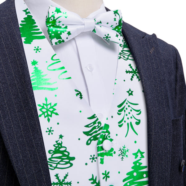 White Green Christmas Tree Novelty Silk Men's Vest Bow Tie Set Waistcoat Suit Set