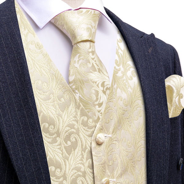 LightGoldenrodYellow Floral Silk Men's Vest Necktie Set Waistcoat Suit Set