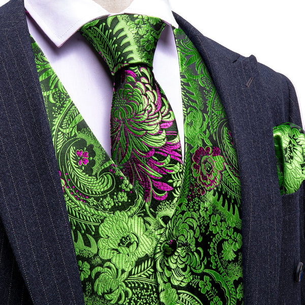 Green Purple Floral Silk Men's Vest Necktie Set Waistcoat Suit Set