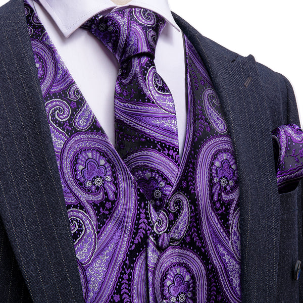 Violet Purple Paisley Silk Men's Vest Necktie Set Waistcoat Suit Set