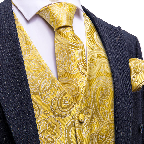 Yellow Paisley Silk Men's Vest Necktie Set Waistcoat Suit Set