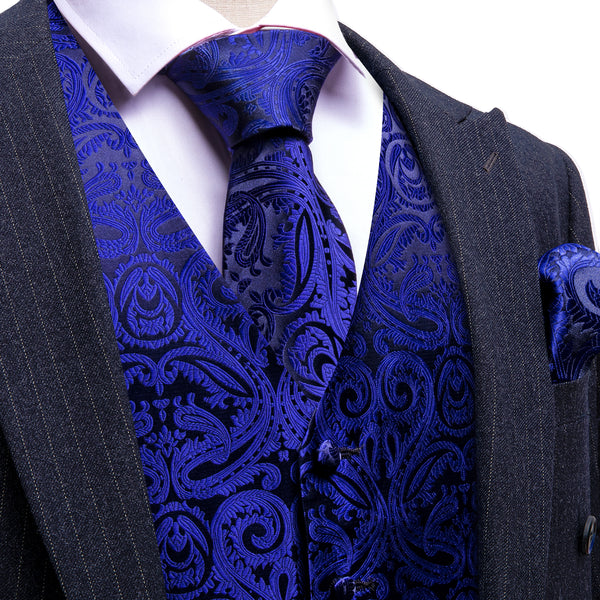 MediumBlue Paisley Silk Men's Vest Necktie Set Waistcoat Suit Set