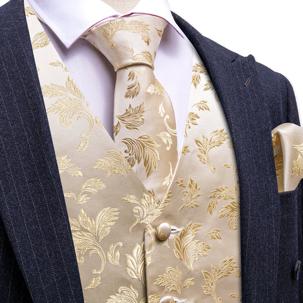 LightGoldenrodYellow Little Flower Silk Men's Vest Necktie Set Waistcoat Suit Set