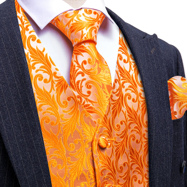Orange Floral Silk Men's Vest Necktie Set Waistcoat Suit Set