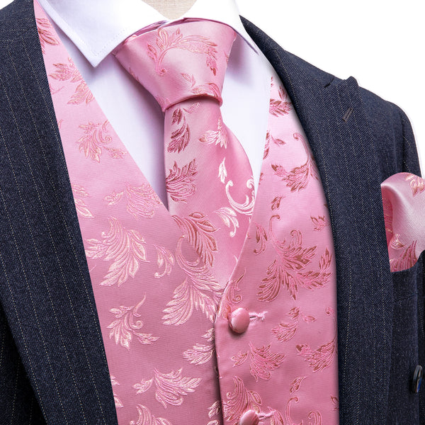 Pink Floral Silk Men's Vest Necktie Set Waistcoat Suit Set
