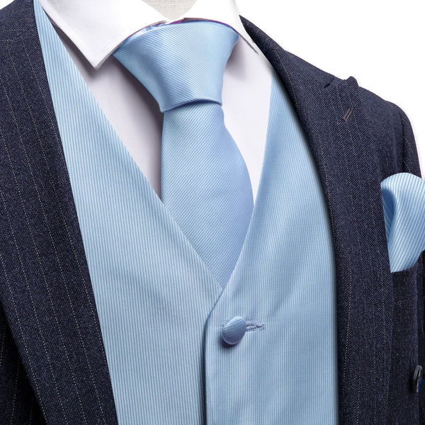 LightSkyBlue Striped Silk Men's Vest Necktie Set Waistcoat Suit Set