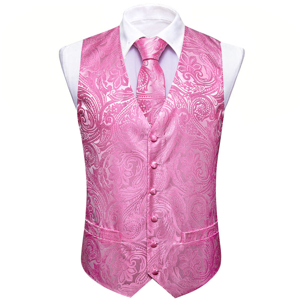Hot Pink Paisley Silk Men's Vest Hanky Cufflinks Tie Set