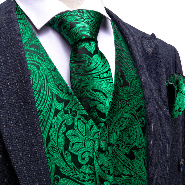 Black Emerald Green Floral Silk Men's Vest Necktie Set Waistcoat Suit Set