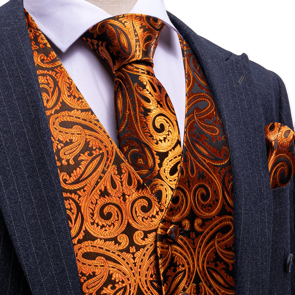 Black Gold Paisley Silk Luxury Men's Vest Hanky Cufflinks Tie Set