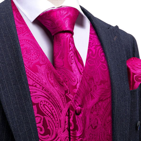 DeepPink Floral Silk Men's Vest Hanky Cufflinks Tie Set