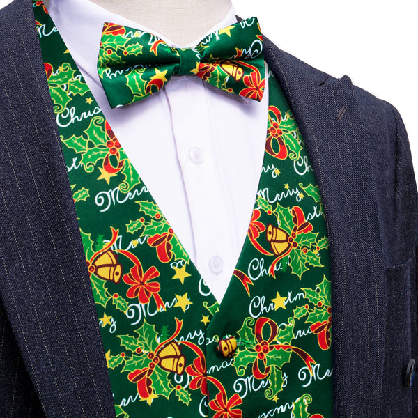 Green Mistletoe Christmas Vest Bowtie Hanky Cufflinks Set Waistcoat Suit Set
