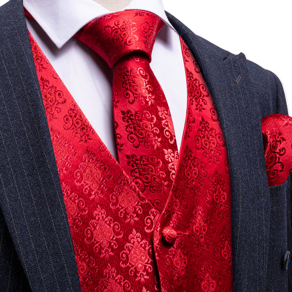 Red Jacquard Woven Classic Men's Vest Hanky Cufflinks Tie Set