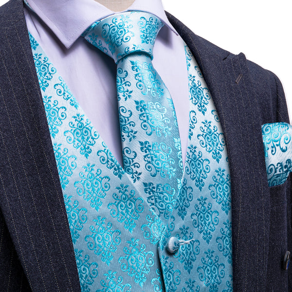 Sky Blue Jacquard Woven Classic Men's Vest Hanky Cufflinks Tie Set