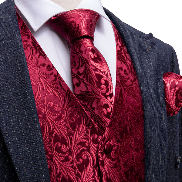 mens wedding fashion Burgundy Red floral vest of red tuxedo with red tie handkerchief cuffinks set