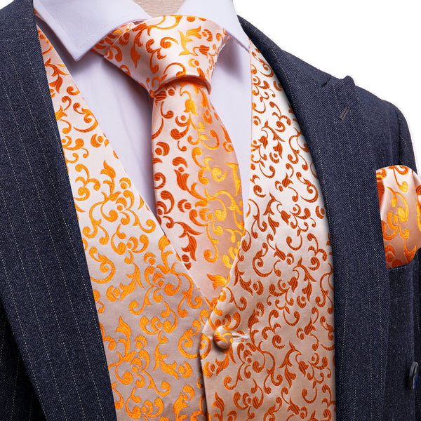 Orange Floral Silk Luxury Men's Vest Hanky Cufflinks Tie Set