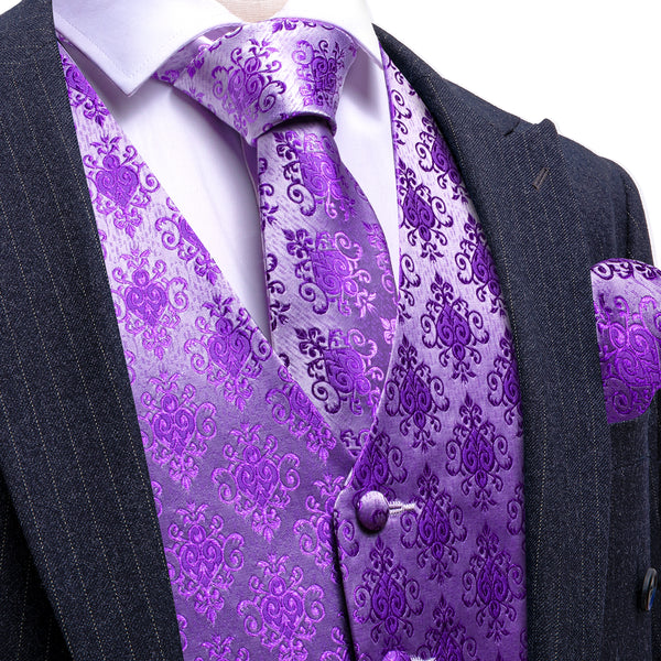 Purple Jacquard Woven Classic Men's Vest Hanky Cufflinks Tie Set