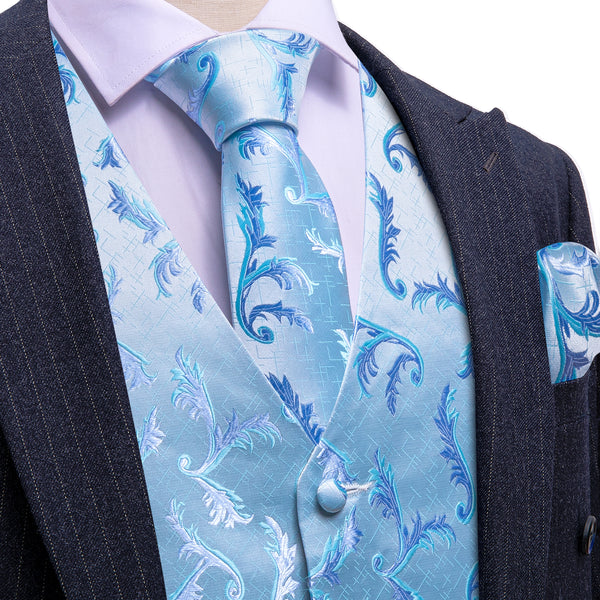 Blue Floral Silk Men's Vest Hanky Cufflinks Tie Set