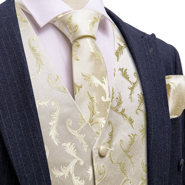 LemonChiffon Floral Silk Men's Vest Hanky Cufflinks Tie Set