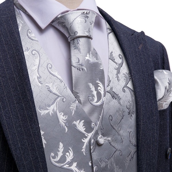 Silver Floral Silk Men's Vest Hanky Cufflinks Tie Set