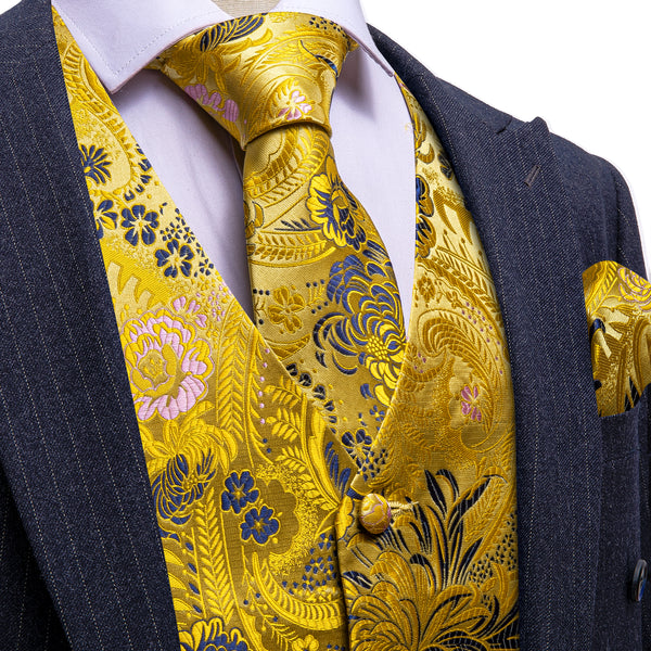 Yellow Floral Jacquard Silk Luxury Men's Vest Hanky Cufflinks Tie Set